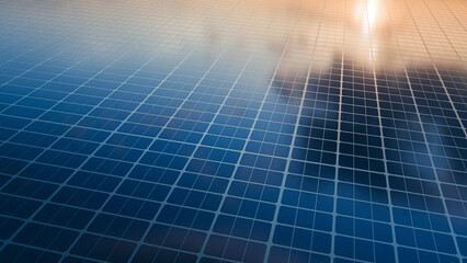 solar farm sunset reflection renewable energy. 3d rendering