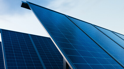 Solar panel modules alternative energy blue sky dusk copy space. 3d rendering