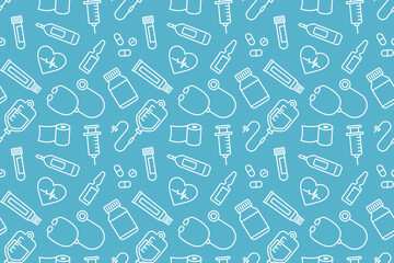 医療アイコンのシームレスな背景画像。（Medical seamless background with healthcare icons）
