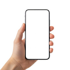 Hand holding smartphone isolated on transparent background