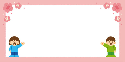 入学 お祝い 子供 春 横長 フレーム 背景 手描き パステル