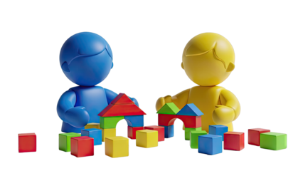 Two cartoon figures building with colorful blocks