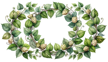 An oval frame crafted from lush green leaves and textured hops