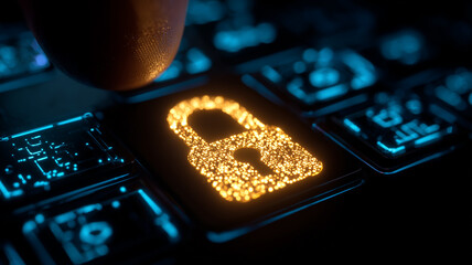 A luminous padlock on a digital interface symbolizing cybersecurity protection secure access and data privacy systems.
