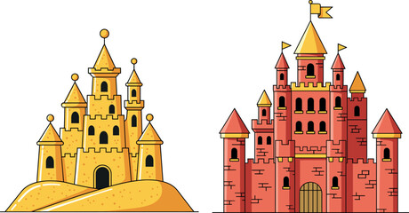 Vector illustration of summer beach sandcastle and red medieval fairytale castle isolated on white for travel themes. © REYAD