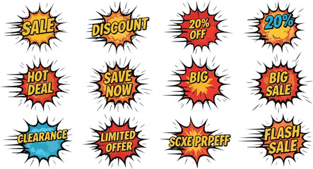 Collection of Comic Book Style Sale Badges Discount, Flash Sale, Hot Deals, Limited Offers, Clearance