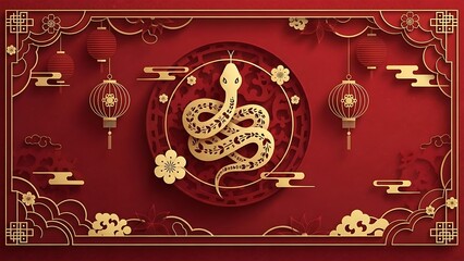 Elegant Chinese New Year paper cut illustration featuring the Snake zodiac as the central symbol, designed in a refined red and gold color palette