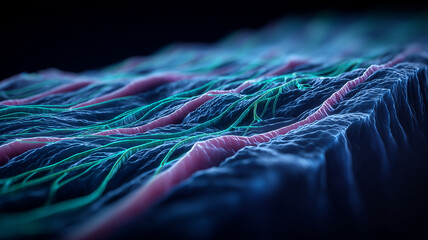 A layered digital terrain with flowing lines representing neural networks data processing and artificial intelligence systems.
