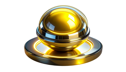 Polished gold sphere on a silver platform, glowing with highlights