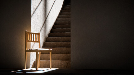 3D render of wooden chair at stair base with dramatic sunlight and shadows. Ideal for interior design, product display, and architectural visualization in minimalist style.