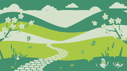 Fototapeta premium Idyllic Spring Landscape with Winding Path, Green Hills, and Blooming Trees