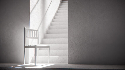 3D render of wooden chair at stair base with dramatic sunlight and shadows. Ideal for interior...