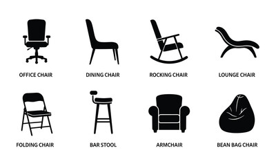 Furniture collection featuring various chair types and seating vector silhouettes