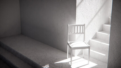 3D render of wooden chair at stair base with dramatic sunlight and shadows. Ideal for interior design, product display, and architectural visualization in minimalist style.
