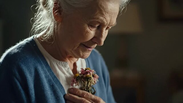Elderly woman holding withered flowers close to her heart in contemplation