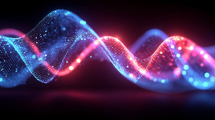 Abstract flowing blue light particles forming a wave, representing digital data movement, energy flow and advanced technology concepts.
