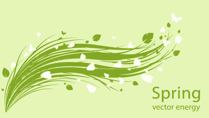 Energetic Spring Background with Swirling Green Grass and Leaves, Text "Spring Vector Energy" on Light Green Gradient.