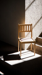 3D render of wooden chair at stair base with dramatic sunlight and shadows. Ideal for interior design, product display, and architectural visualization in minimalist style.