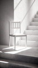 3D render of wooden chair at stair base with dramatic sunlight and shadows. Ideal for interior design, product display, and architectural visualization in minimalist style.