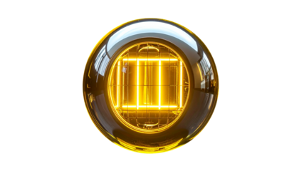 A glowing, golden geometric structure encased in a reflective sphere