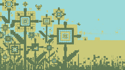 Abstract Pixel Art Landscape with Stylized Flowers and Digital Plants under Blue Sky, Artistic Design Concept. © songo