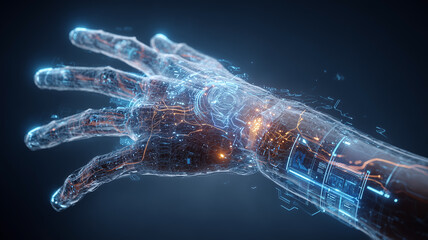 A transparent human hand made of digital elements, representing artificial intelligence human technology integration and future interaction concepts.
