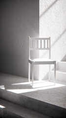 3D render of wooden chair at stair base with dramatic sunlight and shadows. Ideal for interior design, product display, and architectural visualization in minimalist style.