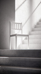 3D render of wooden chair at stair base with dramatic sunlight and shadows. Ideal for interior design, product display, and architectural visualization in minimalist style.