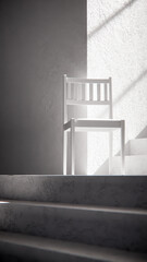3D render of wooden chair at stair base with dramatic sunlight and shadows. Ideal for interior design, product display, and architectural visualization in minimalist style.