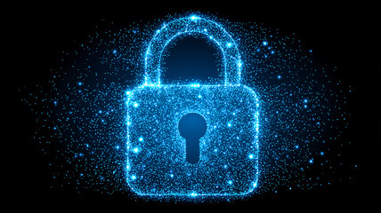A blue digital padlock made of particles symbolizing cybersecurity protection, data privacy and secure network systems concept.
