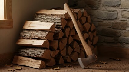Cozy Hearth Scene: An axe rests casually against a meticulously stacked pile of firewood, set against the backdrop of a rustic stone wall.