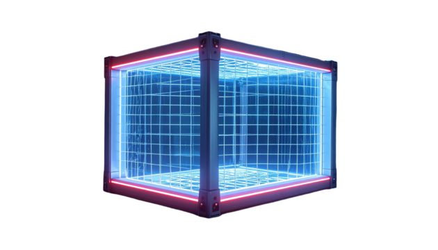 Illuminated neon cube grid floating in space, encased with red accents - Powered by Adobe