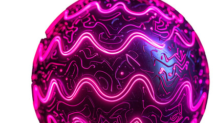 Glowing neon sphere with detailed, curved circuitry over a dark backdrop