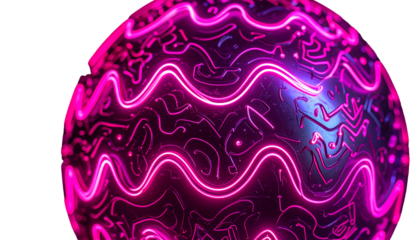Glowing neon sphere with detailed, curved circuitry over a dark backdrop