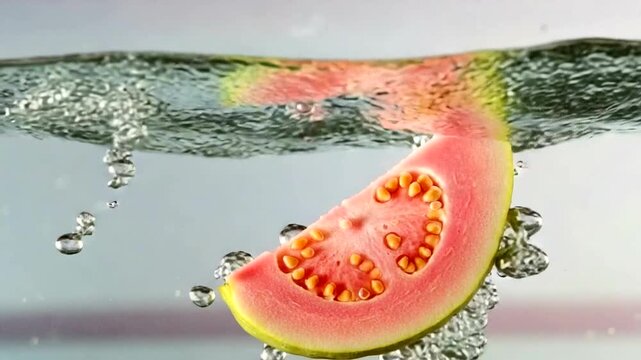 Fresh guava slice splashing in clear water