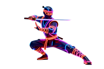 Neon Glowing Ninja Warrior in Dynamic Pose