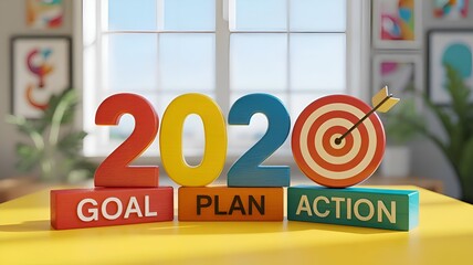 A colorful 2020 goal setting concept with blocks and target on a desk
