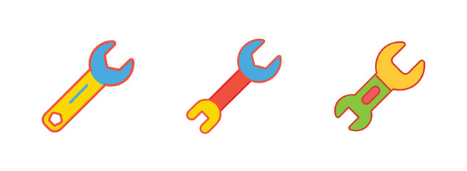 Three colorful cartoon wrenches with different handle and jaw styles