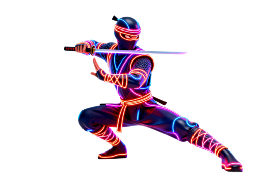 Neon Glowing Ninja Warrior in Dynamic Pose - Powered by Adobe