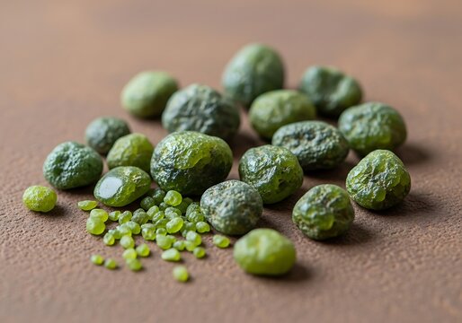 Cluster of green moldavite tektites on a textured surface, close-up view