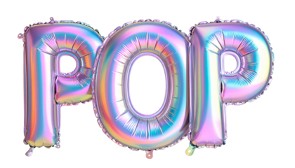 Holographic "POP" letters, vibrant rainbow colors, isolated on black