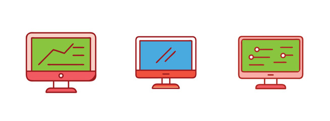 Computer monitor icons set with different screens isolated on transparent background