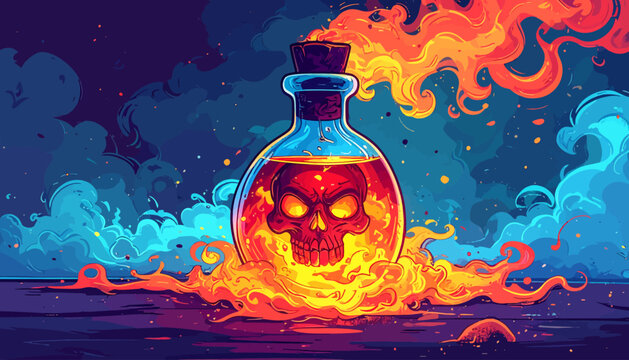 A vibrant digital illustration of a glowing red potion bottle with a skull symbol, surrounded by fiery flames and mystical blue smoke.
