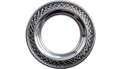 Gleaming silver circular ornate frame with a woven patterned border