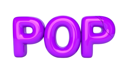 Glossy, purple balloon letters spelling "POP" on a stark black background