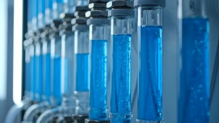Blue liquid with active bubbling in transparent laboratory columns, demonstrating fluid dynamics and chemical processing, vital for modern Synthetic Biology Design and scientific development.