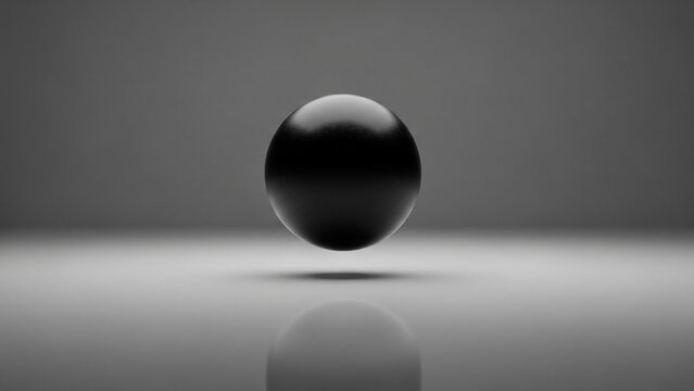 Floating Black Sphere with Reflection on a Minimalist Grey Background