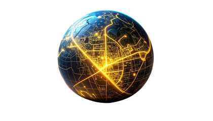 Illuminated city grid wrapped around a blue and black globe
