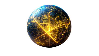Illuminated city grid wrapped around a blue and black globe