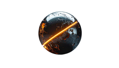 A fractured metallic sphere with an orange line dissecting it in darkness